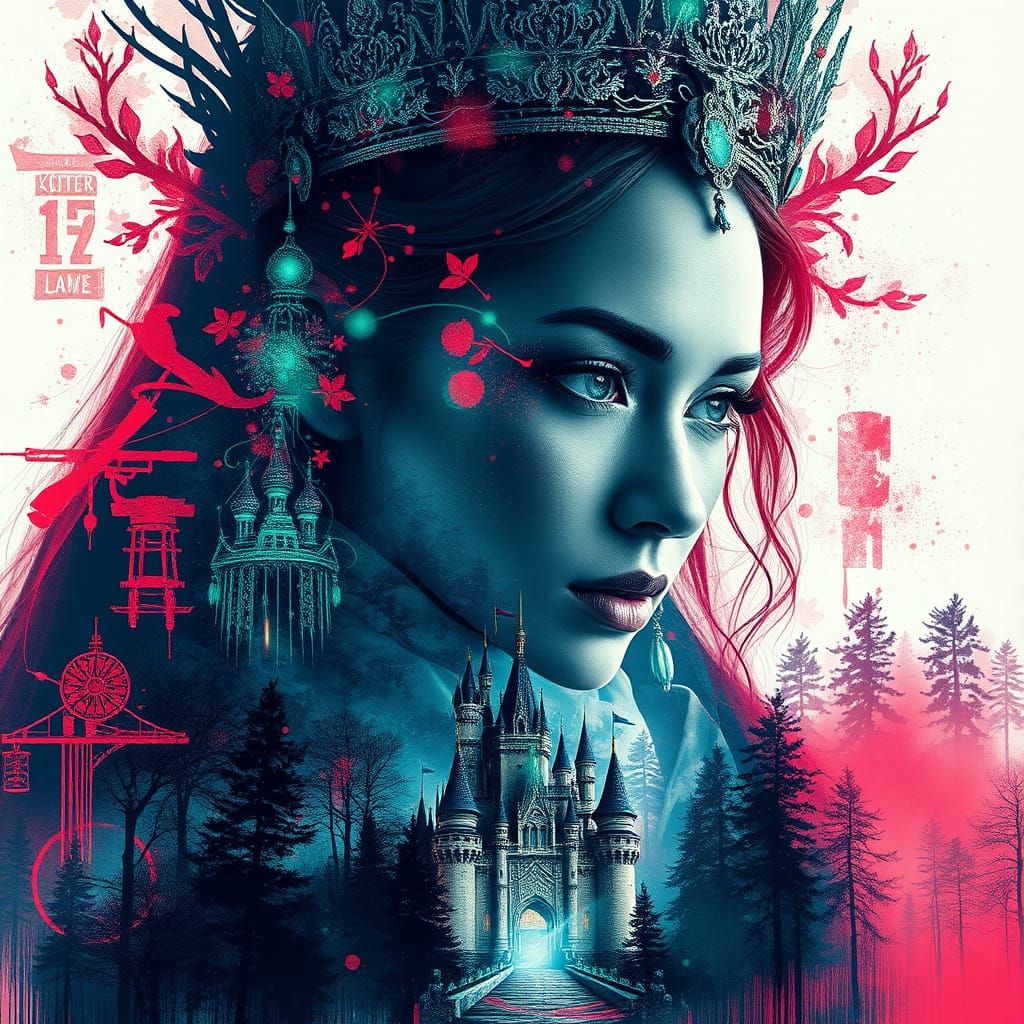 Double exposure full portrait of a insanely majestic Queen of Sheeba with castle, glowing forest...