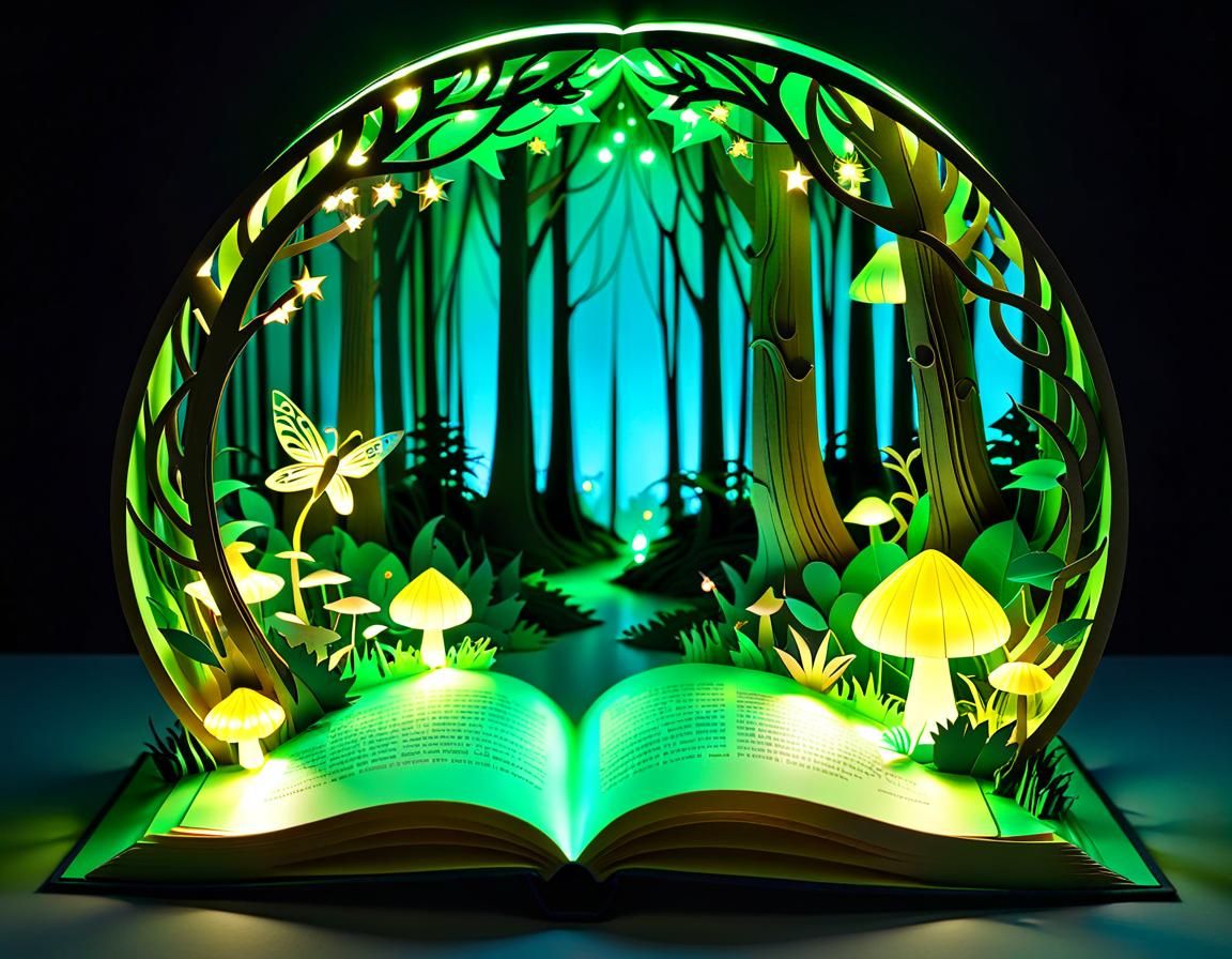 Glowing paper art fairy forest book