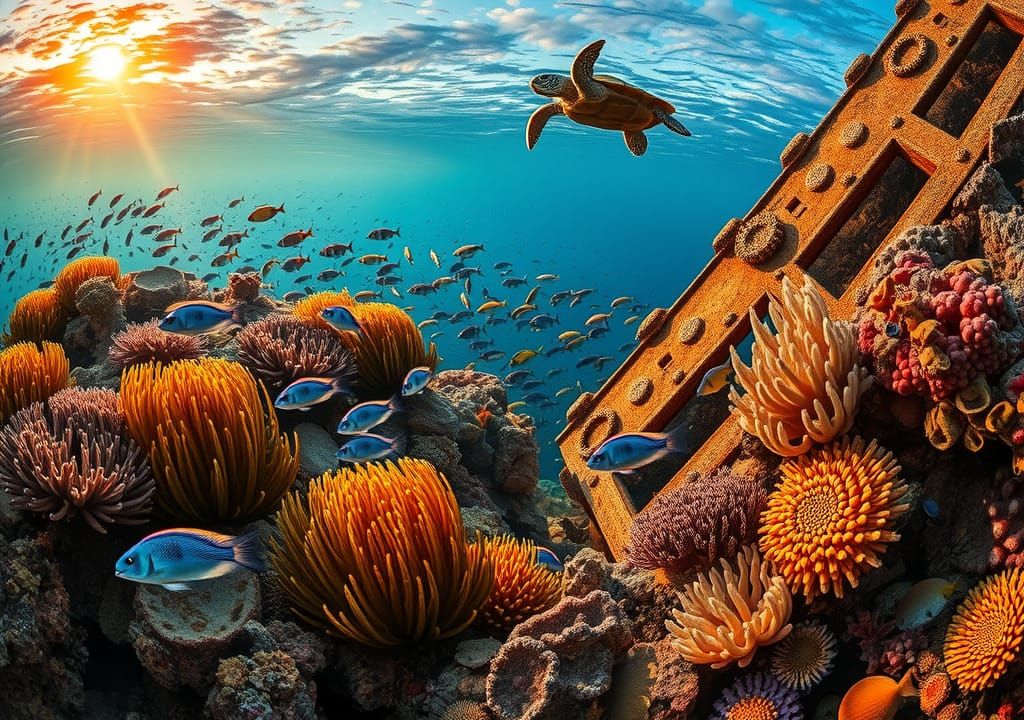 Lively Coral Reef Scene with Sunken Ship