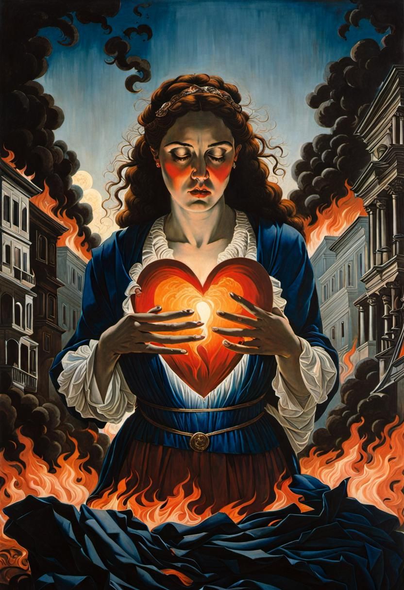 Distraught Woman's Heart: Fires and Destruction