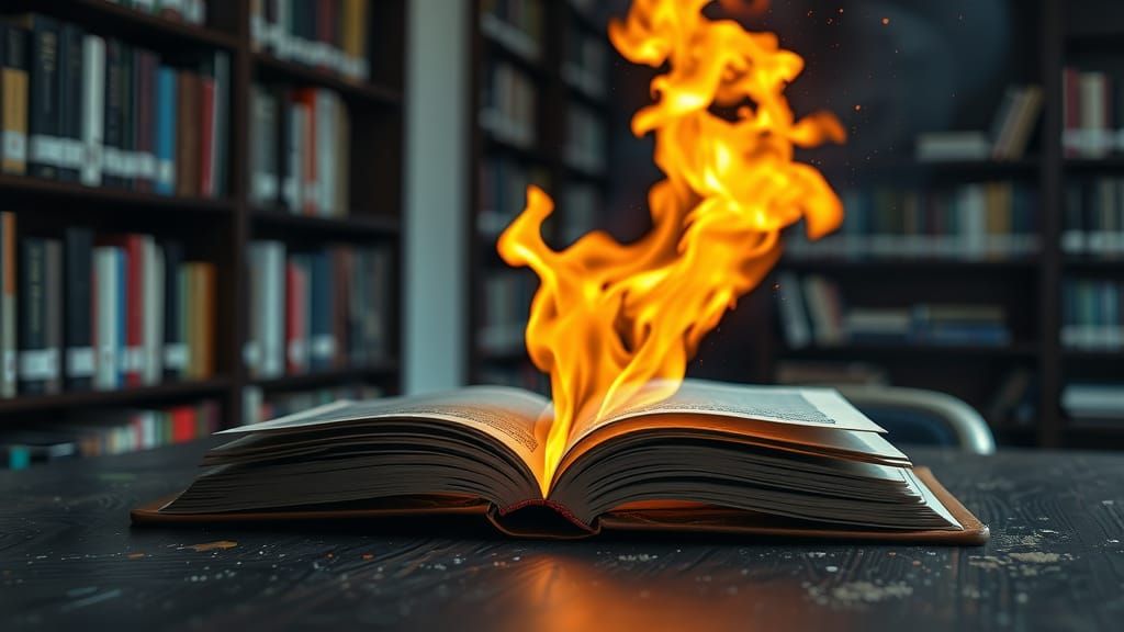Burning Book on Library Table: Hyperrealistic Photography