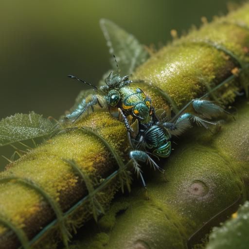 Doll-Like Insect Larva on Moss in Macro Style