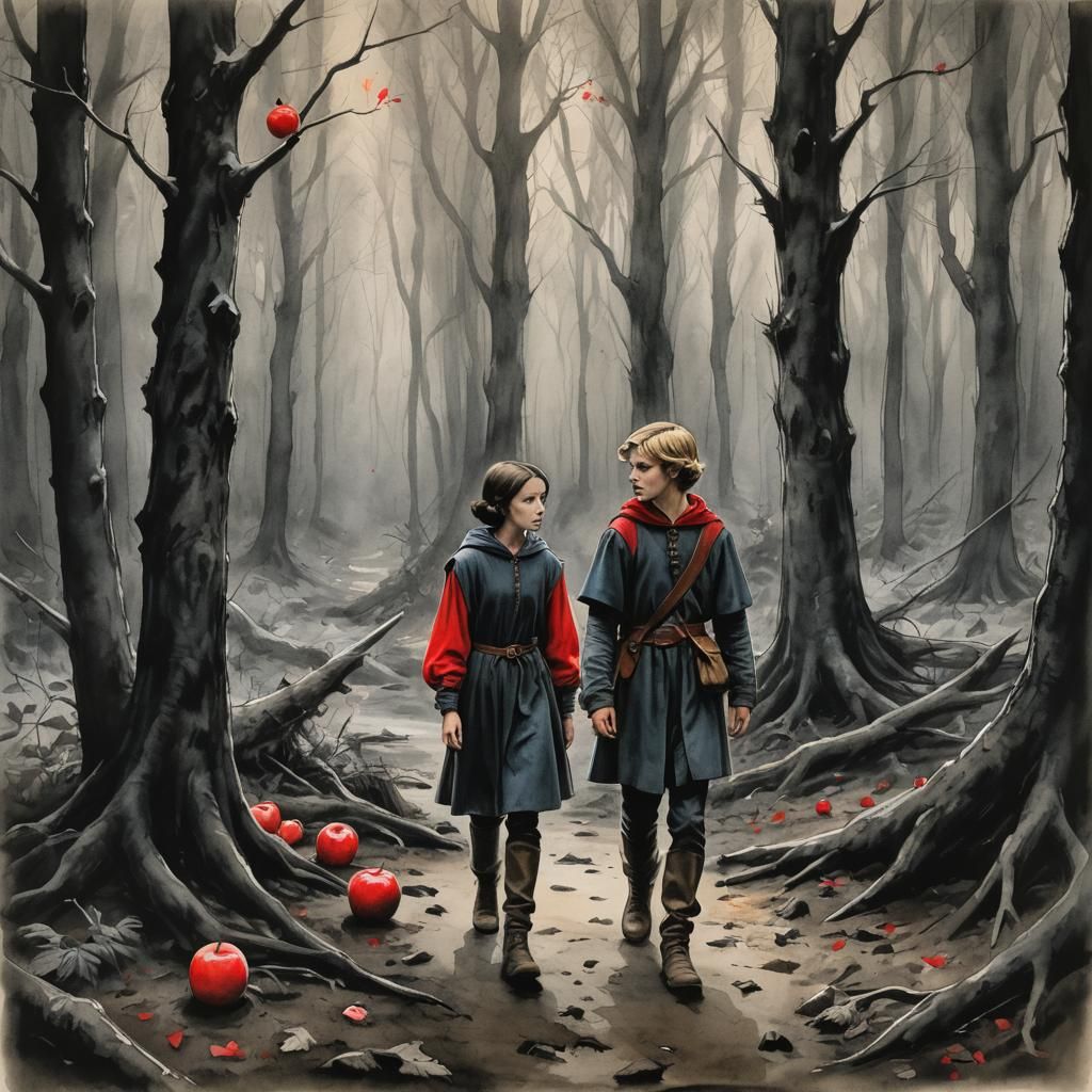 Snow White in Dark Forest, Watercolor Painting