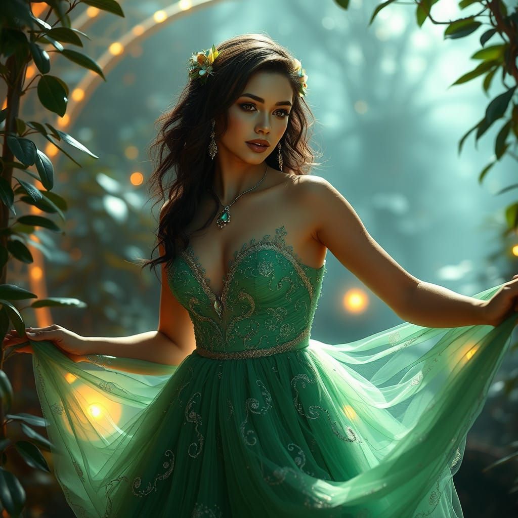 Vibrant Green Goddess in Mystical Dreamworld