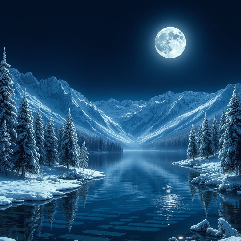 Moonlit Crystal Lake Amidst Snowy Mountains