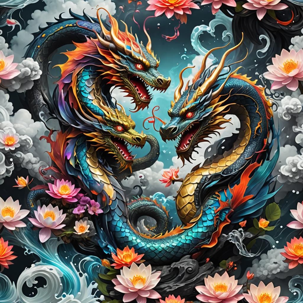 Dragons of Yin and Yang in Fantasy Landscape