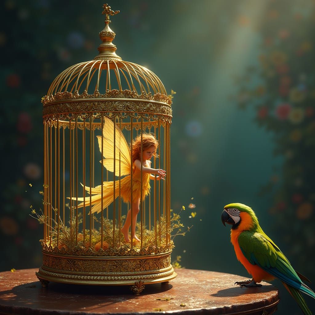Gilded Gold Bird Cage in Hyperrealistic Style
