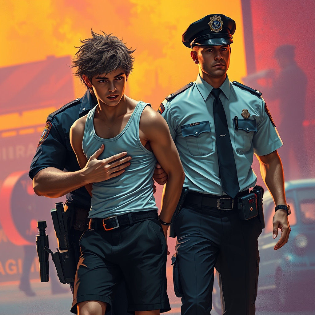 Young Man Detained in Futuristic Scene with Vibrant Colors