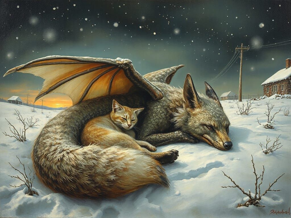 Dragon-Fox Warms Sleeping Girl in Snowy Fantasy