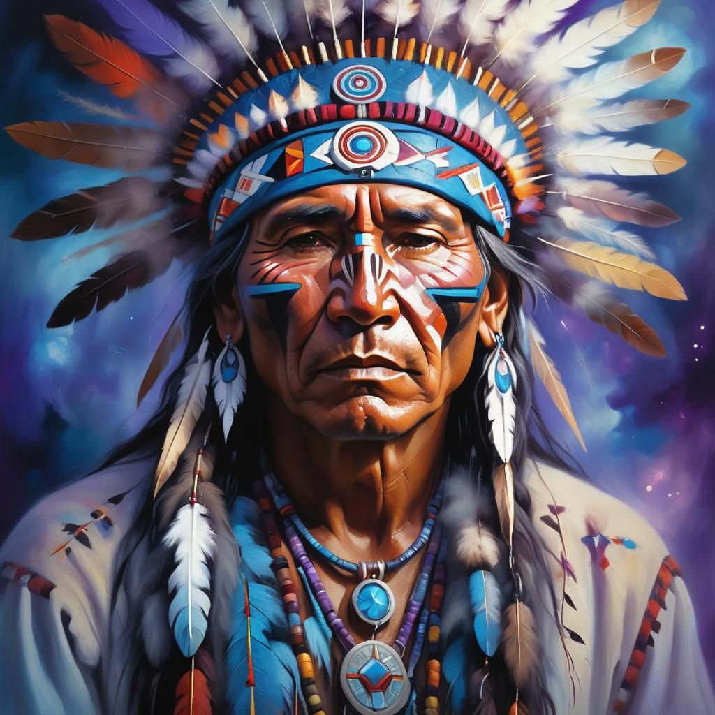 Native American Medicine Man Conjuring Spirits as Oil Painti...