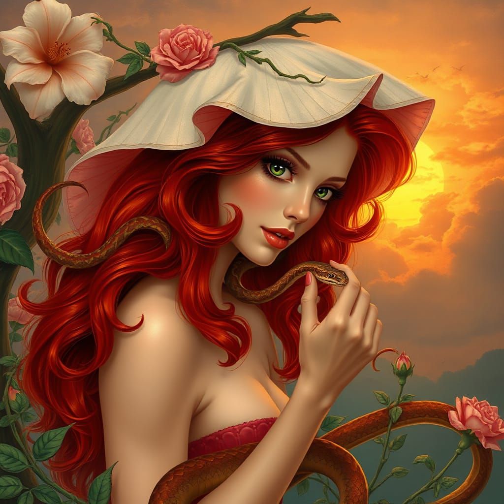 Seductive Eve Under Apple Tree, Embracing Serpent