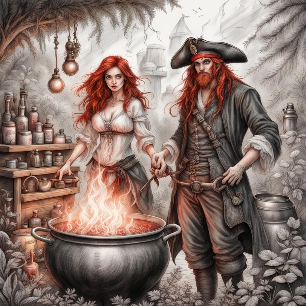 Witch and Pirate by Cauldron: Hyperdetailed Charcoal Drawing