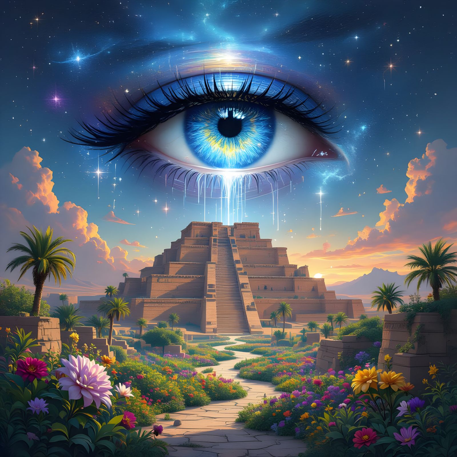 Celestial Eye Weeping Stardust on Ziggurat