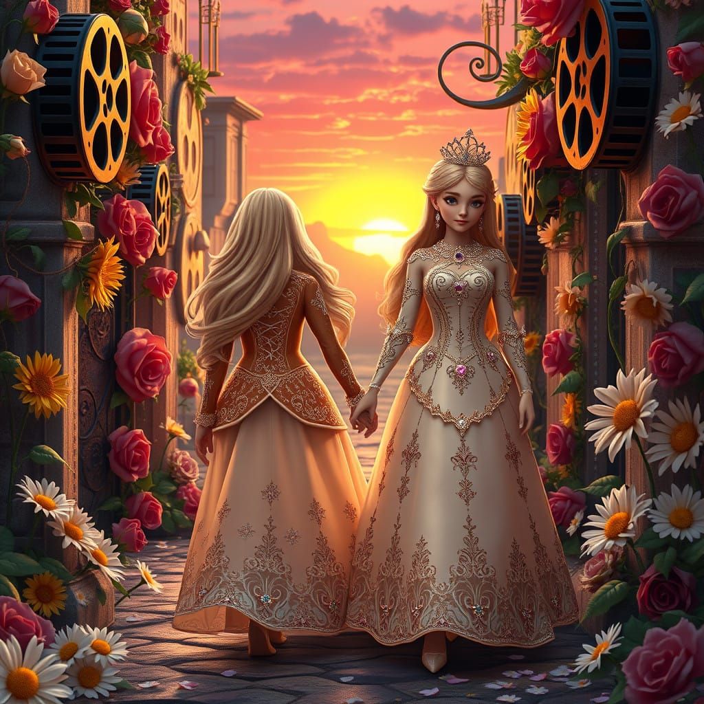 Whimsical Princess and Gingerbread Man in a Film-Reel Alley