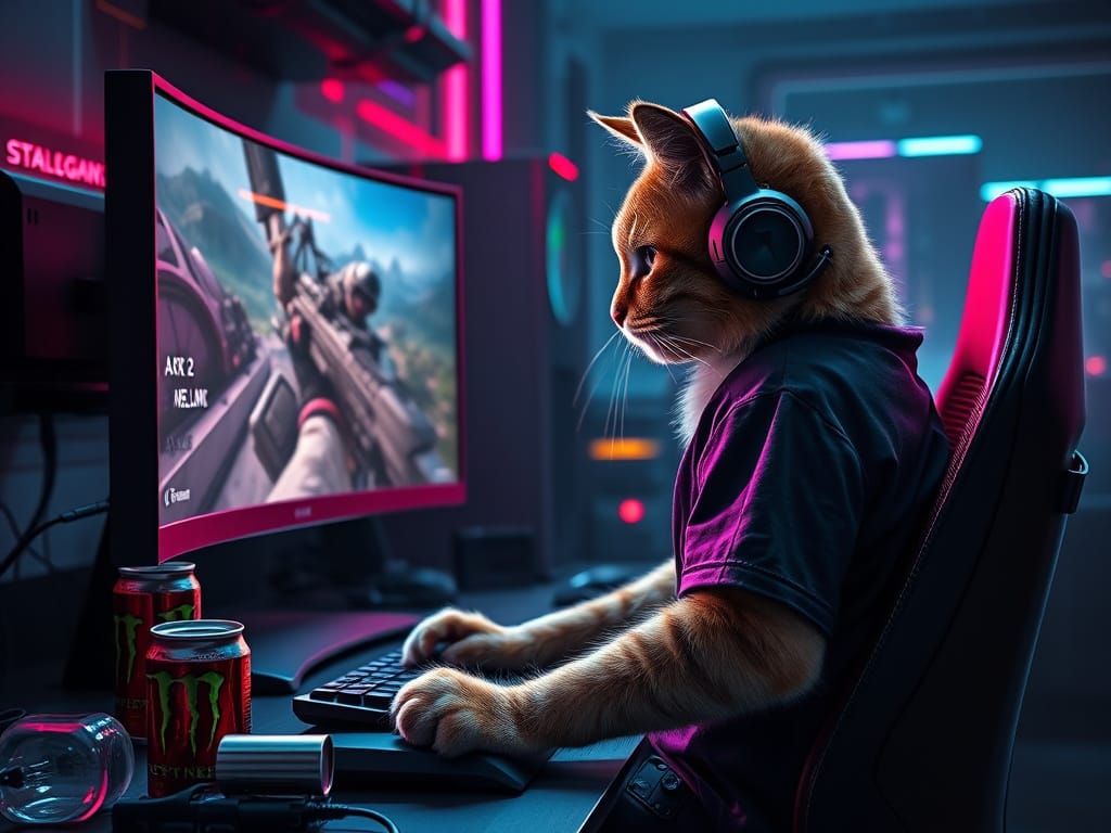 Gamer Cat in Neon Cyberpunk Scene