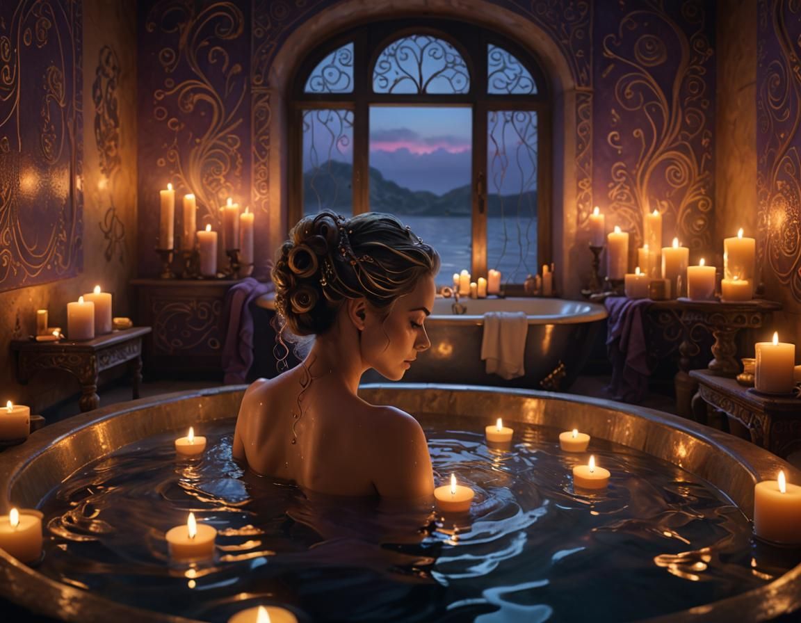 Serene Woman Bathes in Candlelight: A Matte Painting
