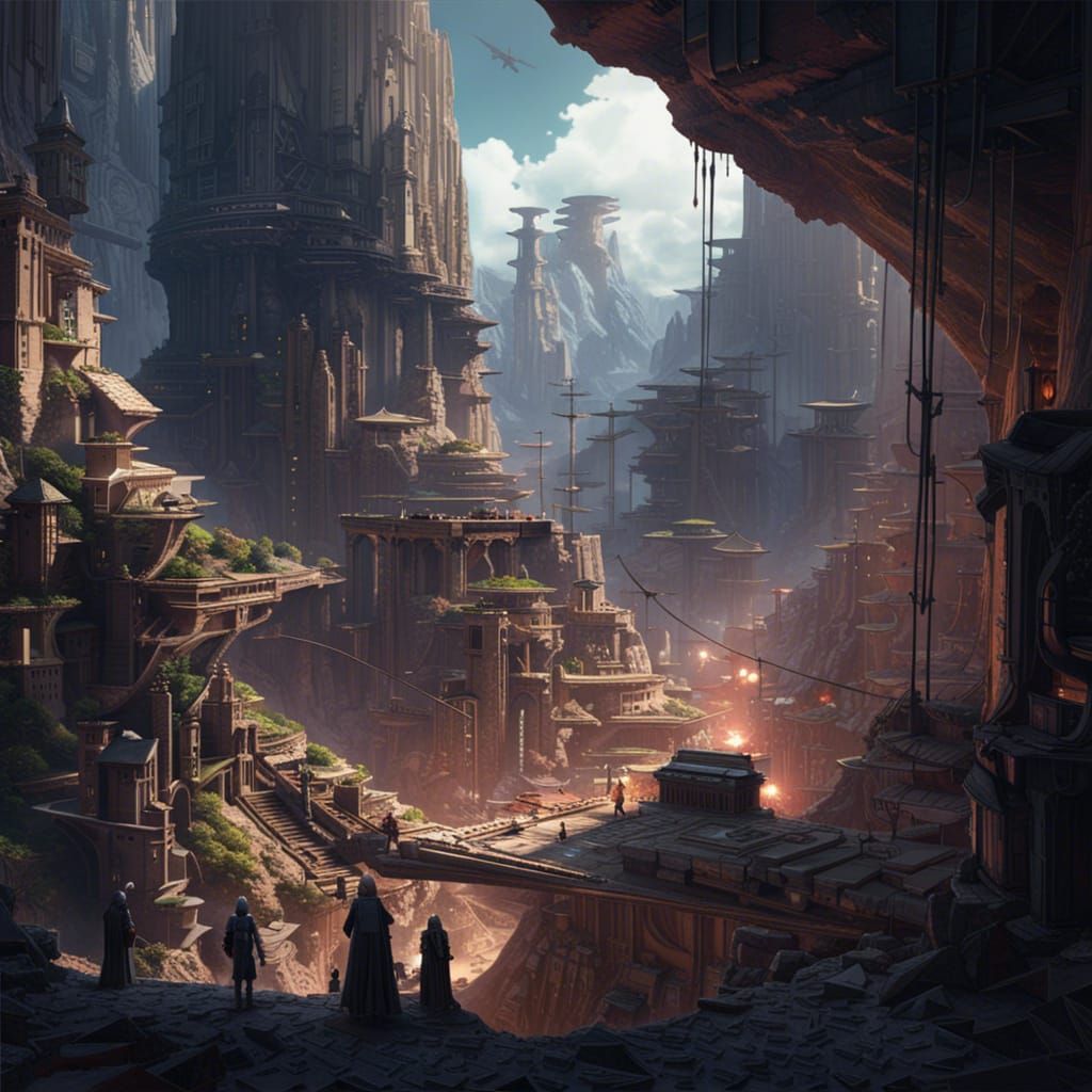 Sci-Fi Cityscape in Crater: Maximalist Concept Art