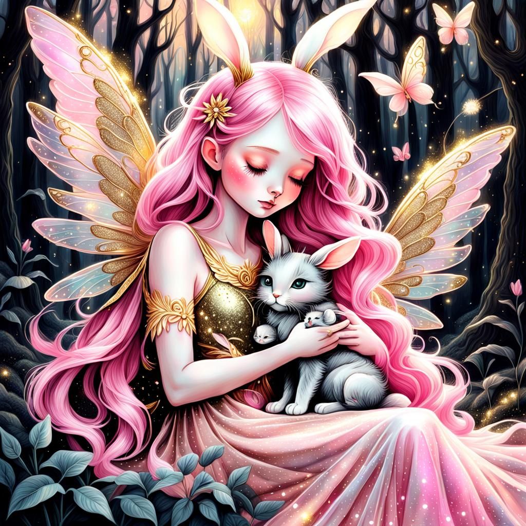 Enchanted Fairy with Bunny in Shimmering Forest
