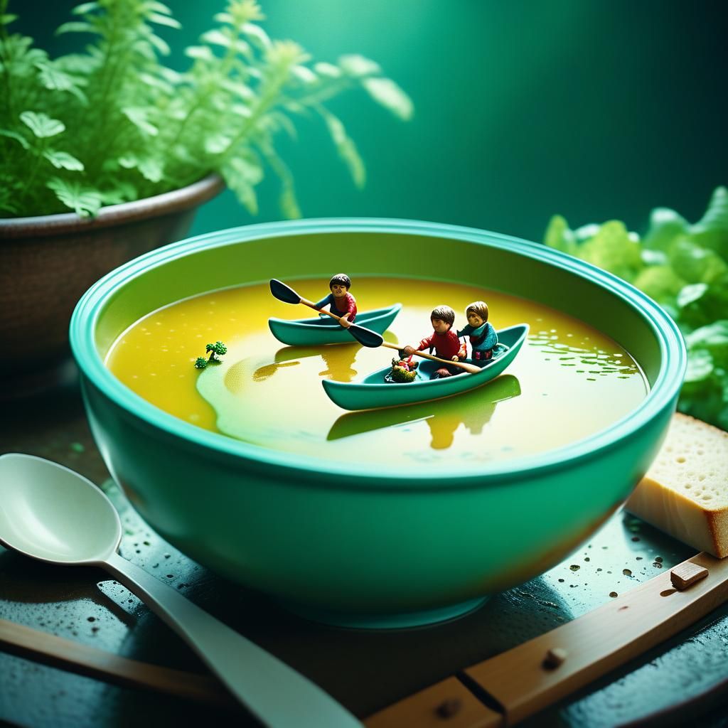 Miniature Canoeists in Soup Bowl: Cinematic Still