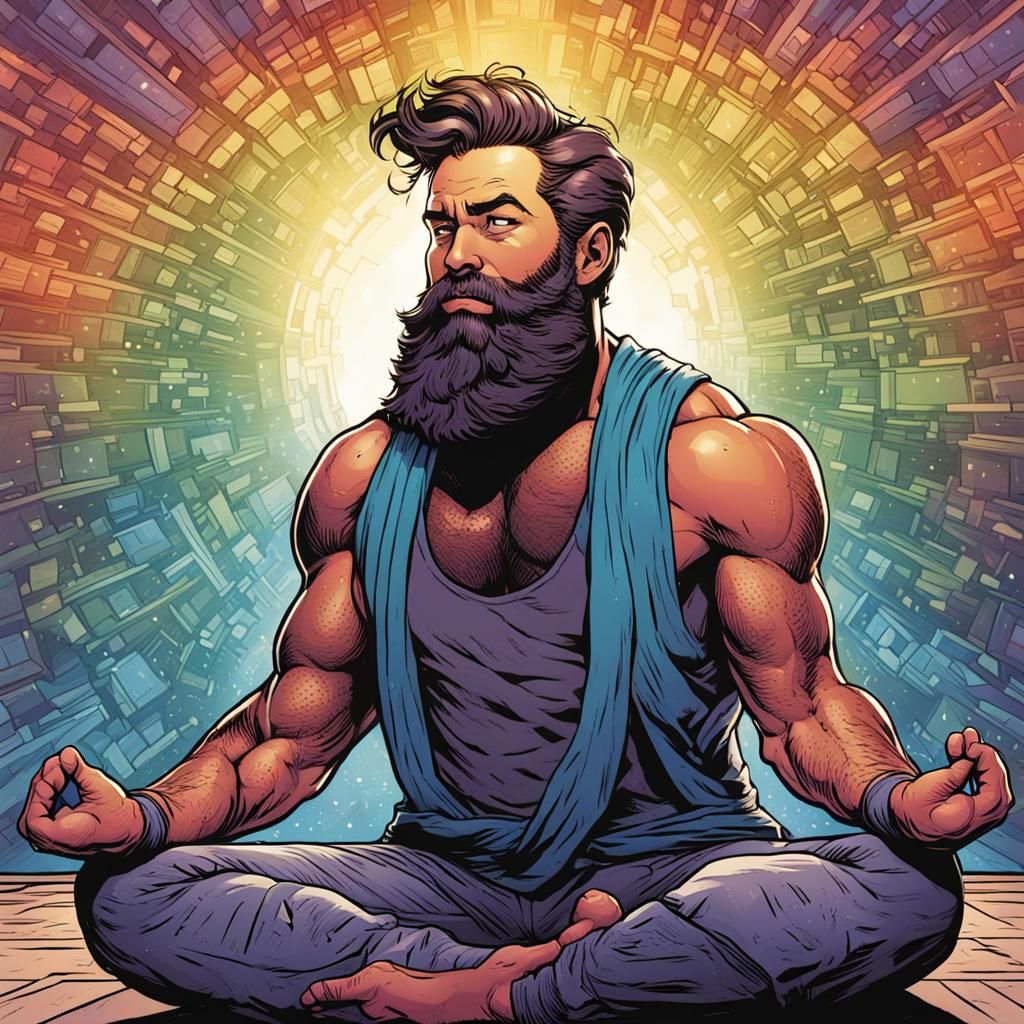 Bearded Gay Man Doing Yoga in Comic Book Art
