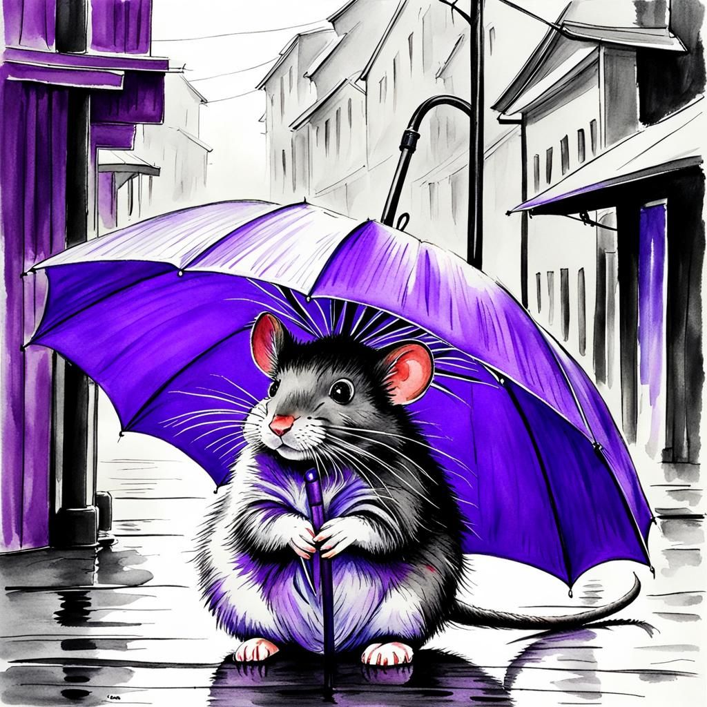 pencil charcoal only, watercolor purple for umbrella held by street mouse