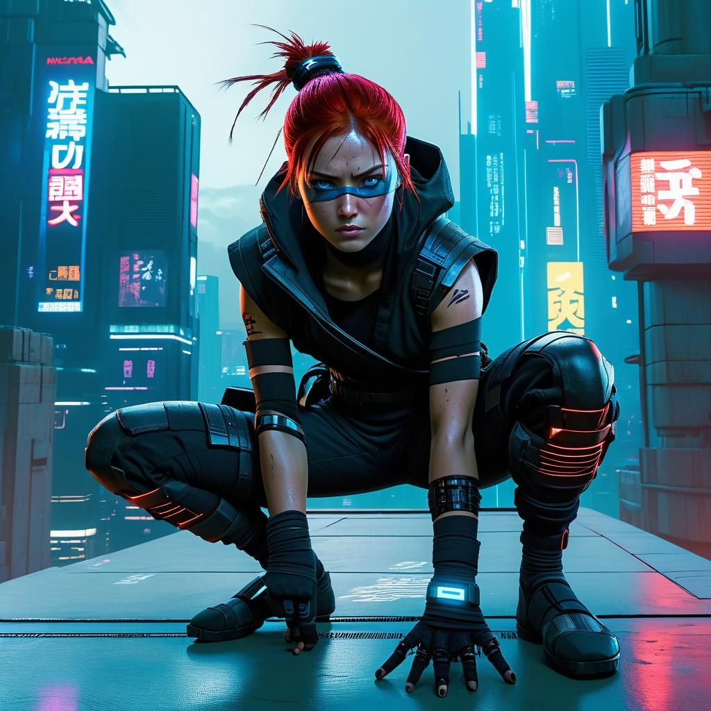 Cyberpunk Ninja Ready to Jump