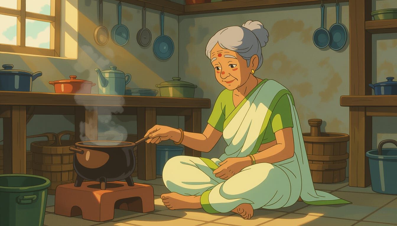 Elderly Indian Granny Cooking in a Sunlit Kitchen