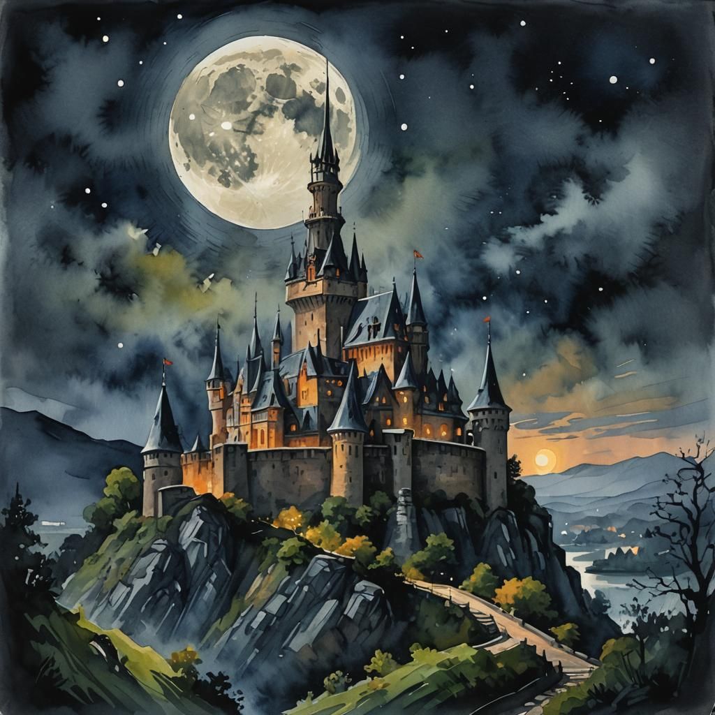 Castle and Moon in Impressionist Gouache Style