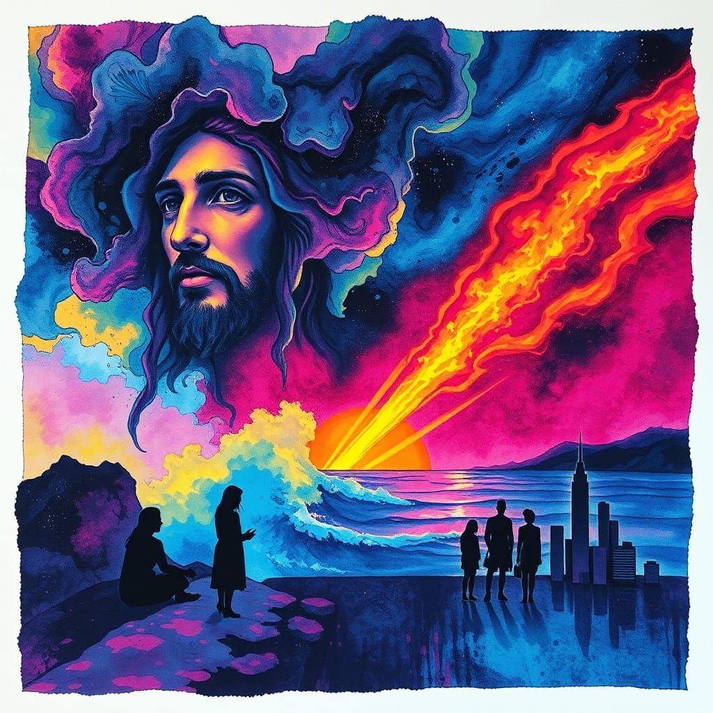 Surreal Batik of Jesus, Ladies, and Comet in Neon