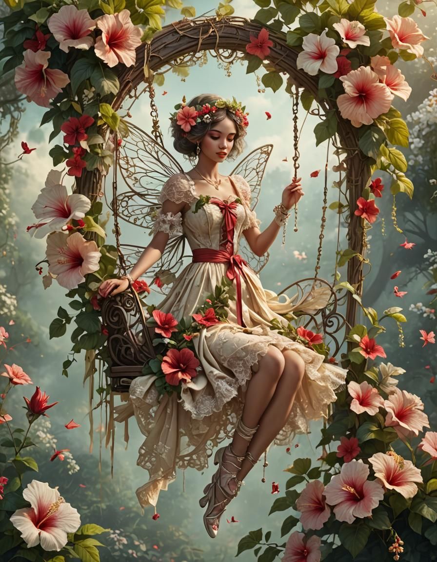 Vintage Grunge Summer Fairy on Floral Swing