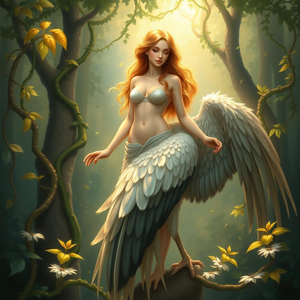 Serene Bird Goddess in Lush Forest