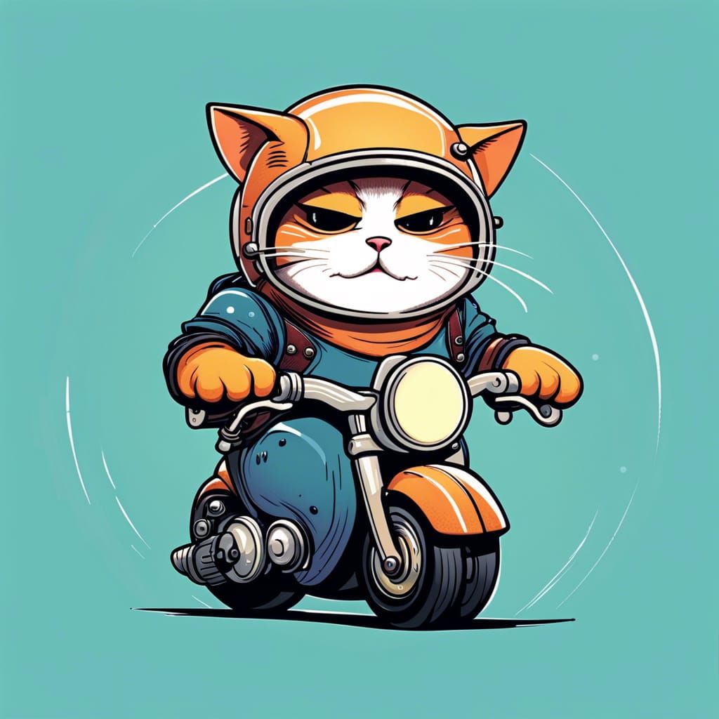 Chubby Cat on Motorcycle in Minimalist Vector Art