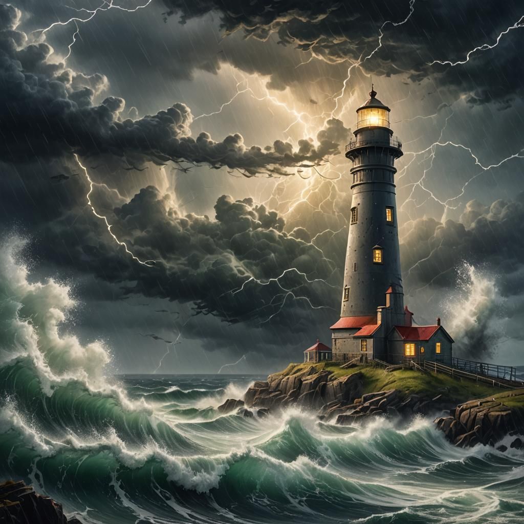 Lighthouse in Storm: Detailed Oil Painting