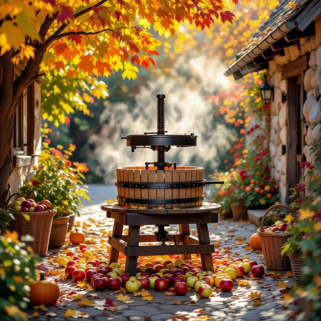 Autumn Apple Cider Press in Warm Courtyard