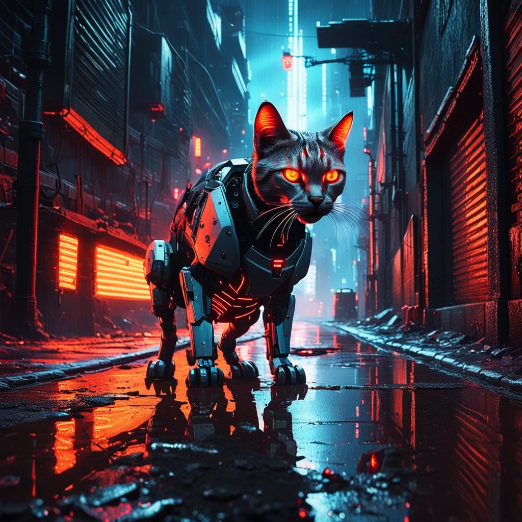 Cyberpunk Robot Cat Seeks Refuge from Fiery Dystopia