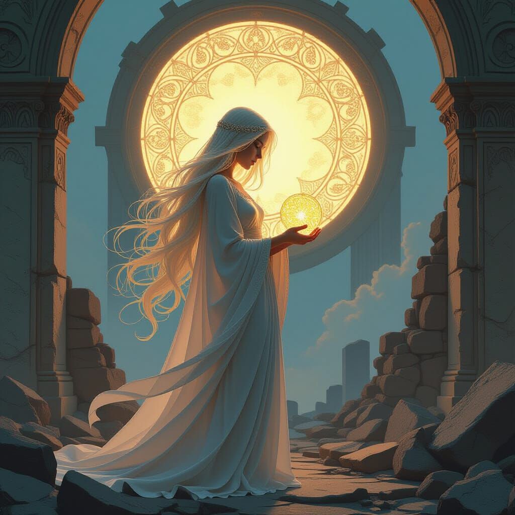 Woman with Ethereal Hair and Glowing Artifact in Lost Ruins