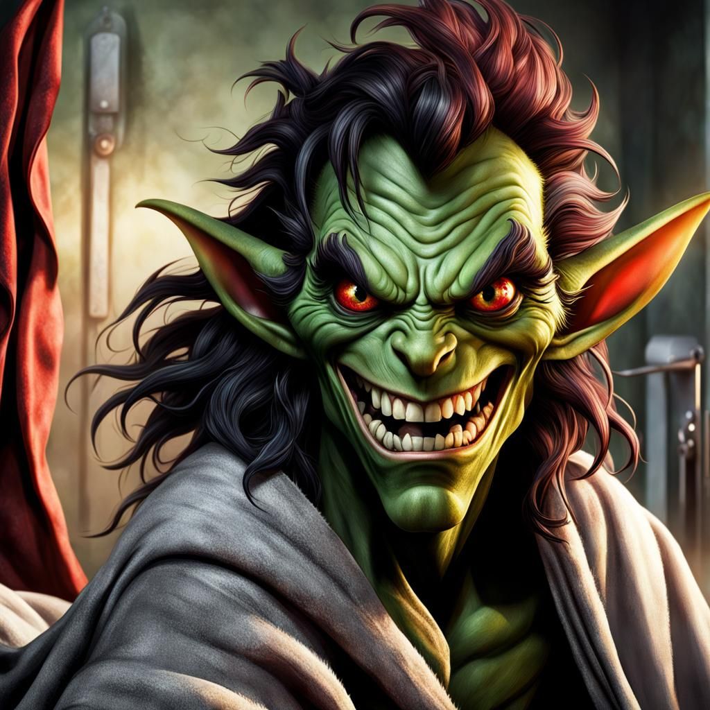 a bad sinister green goblin with an evil smirk