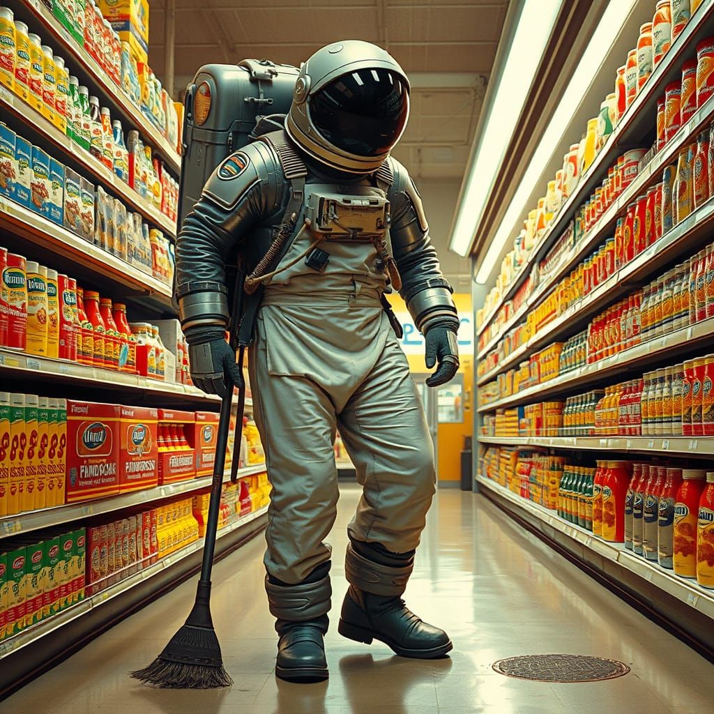 Astronaut Sweeps Supermarket Aisle in Retro-Futuristic Style