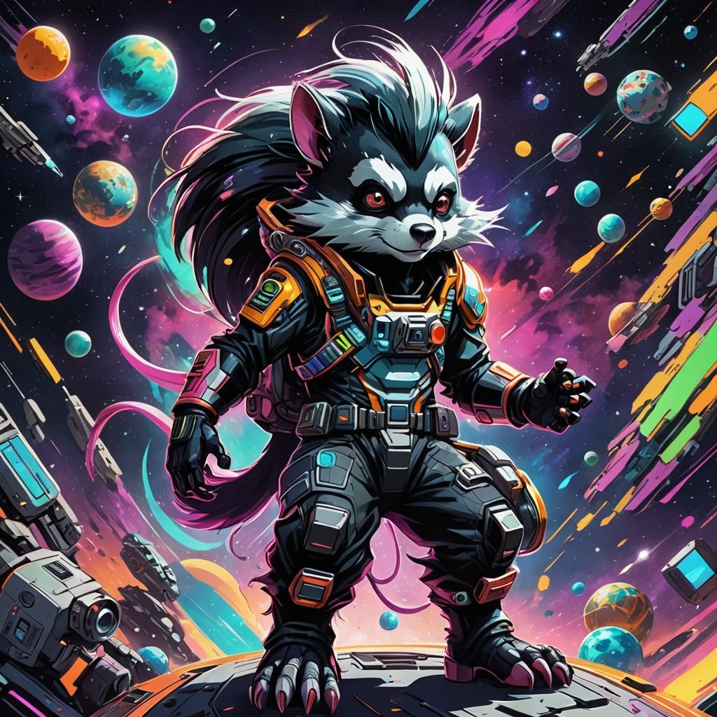 Biopunk Skunk Soaring Through Space in Anime Style