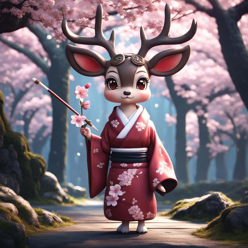 Charming Anime Deer in Kyoto with Cherry Blossom