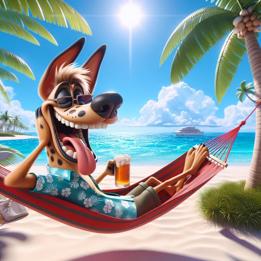 Cartoon Dog in Hammock, 3D Rendered Coastal Scene