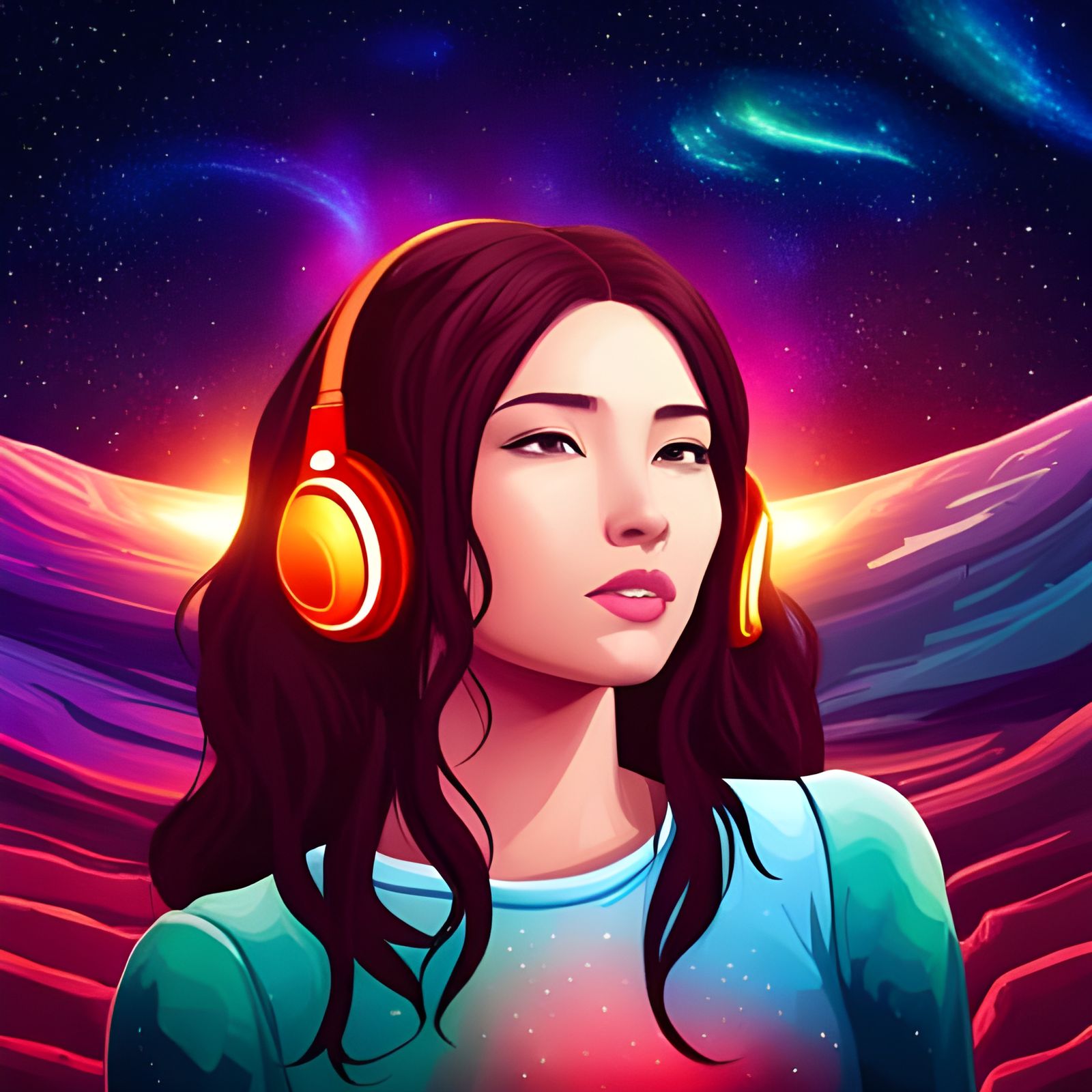 Cosmic Asian Girl Listening to Music