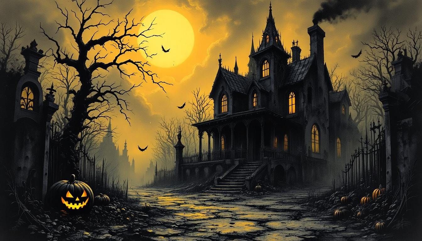 Dark Halloween Scene in Pencil Strokes and Gothic Artistry