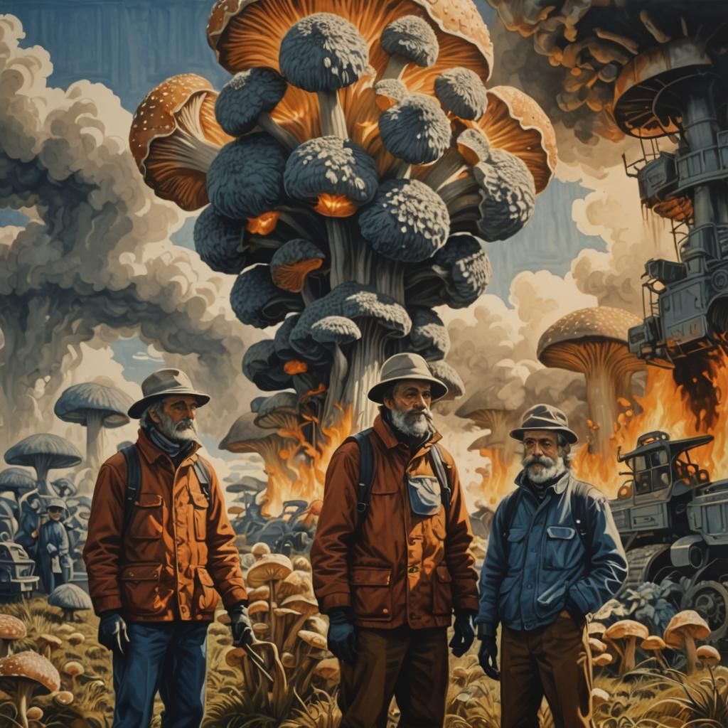 Blue and White Linocut of Mushroom Cultivation