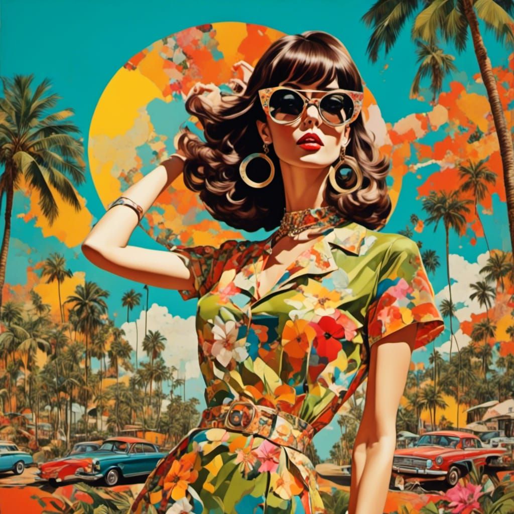 Psychedelic Sixties Girl at Drive-In in Oil Painting Style