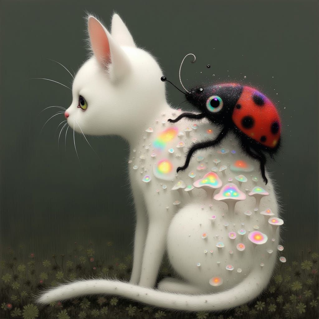 Whimsical Biomechanical Ladybird Amidst Iridescent Fungi and...