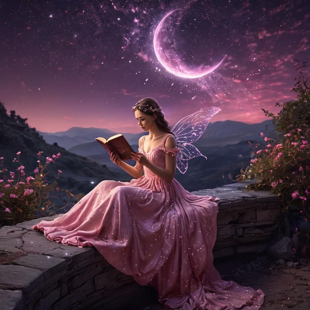 Fairy on Moon in Sparkling Pink Dress