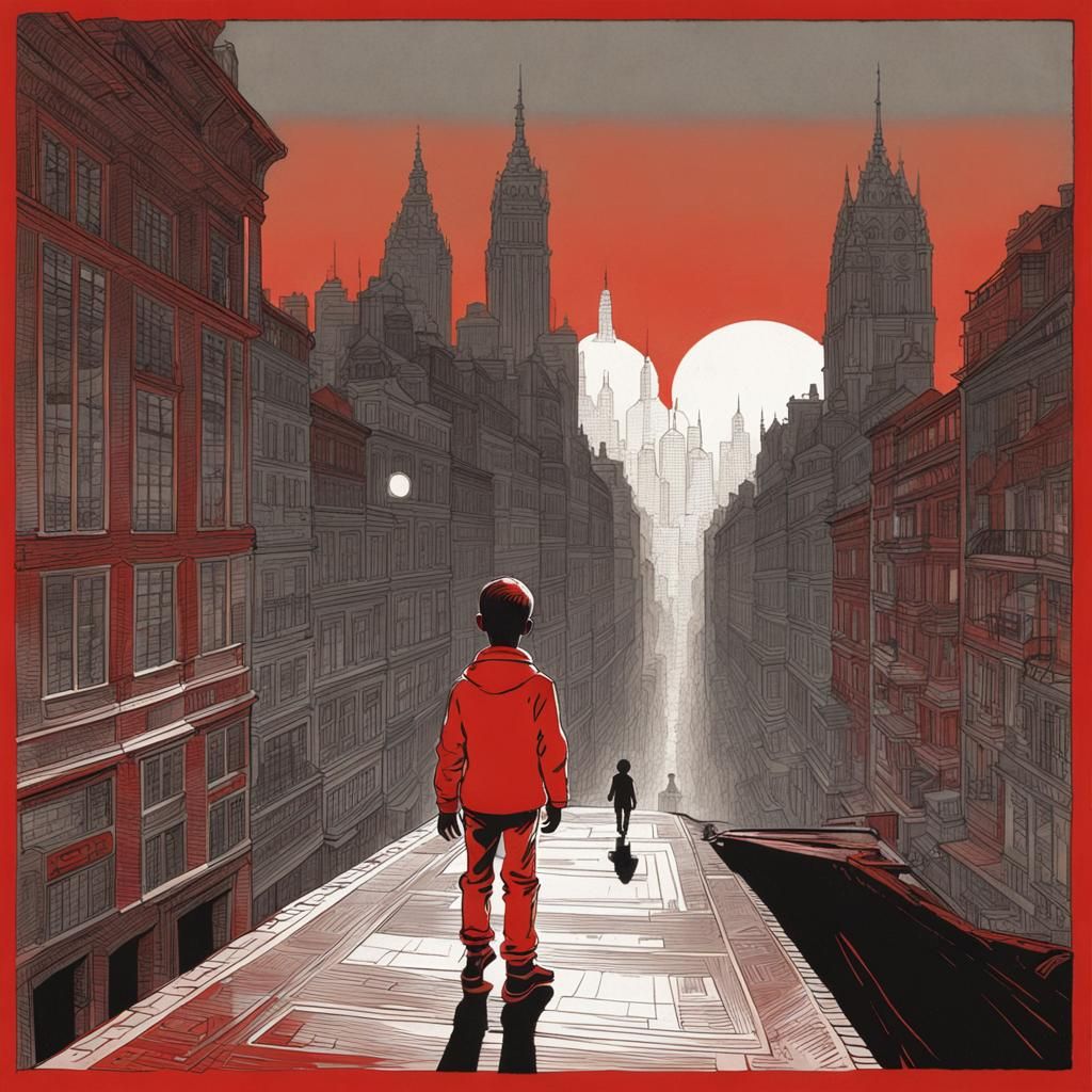 Boy Silhouette in Red City, François Schuiten Style