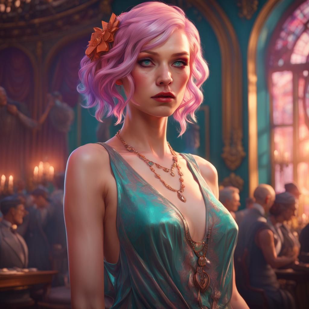 Pink-Haired Woman at Party in Art Nouveau Style