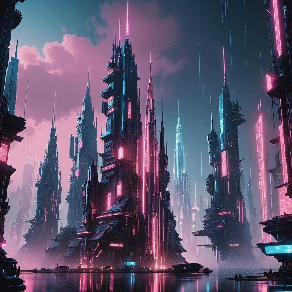 Cyberpunk Floating City with Crystal Spires